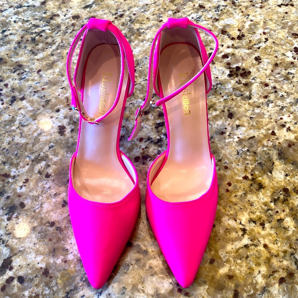 Brand New Hot Pink 4” Stilettos with Ankle Strap Buckle. Size 8.5. Gorgeous!